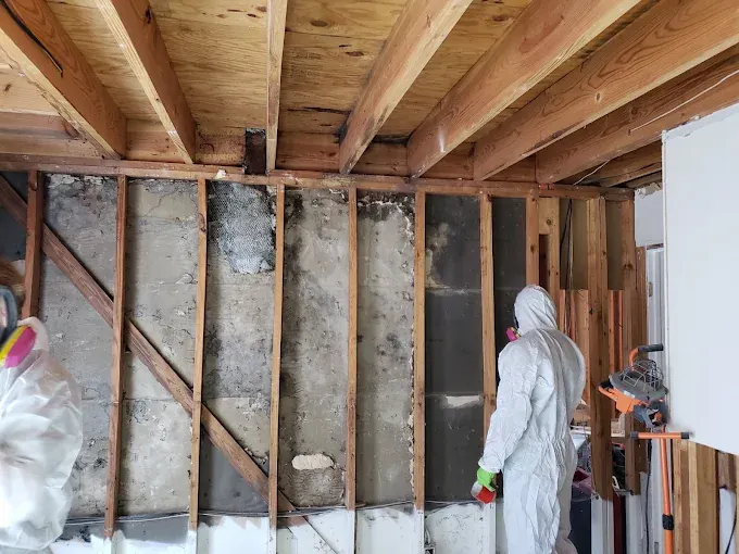 Worker in protective clothing beside exposed ceiling and wall framing