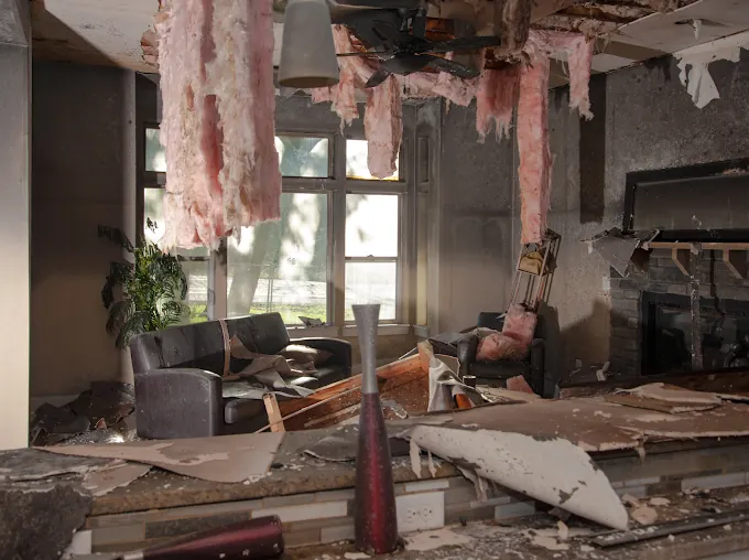 Charred wall and ceiling materials in a fire-damaged interior
