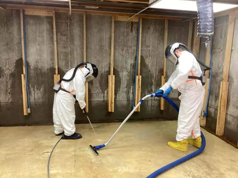Restoration workers in protective clothing cleaning an exposed wall and floor